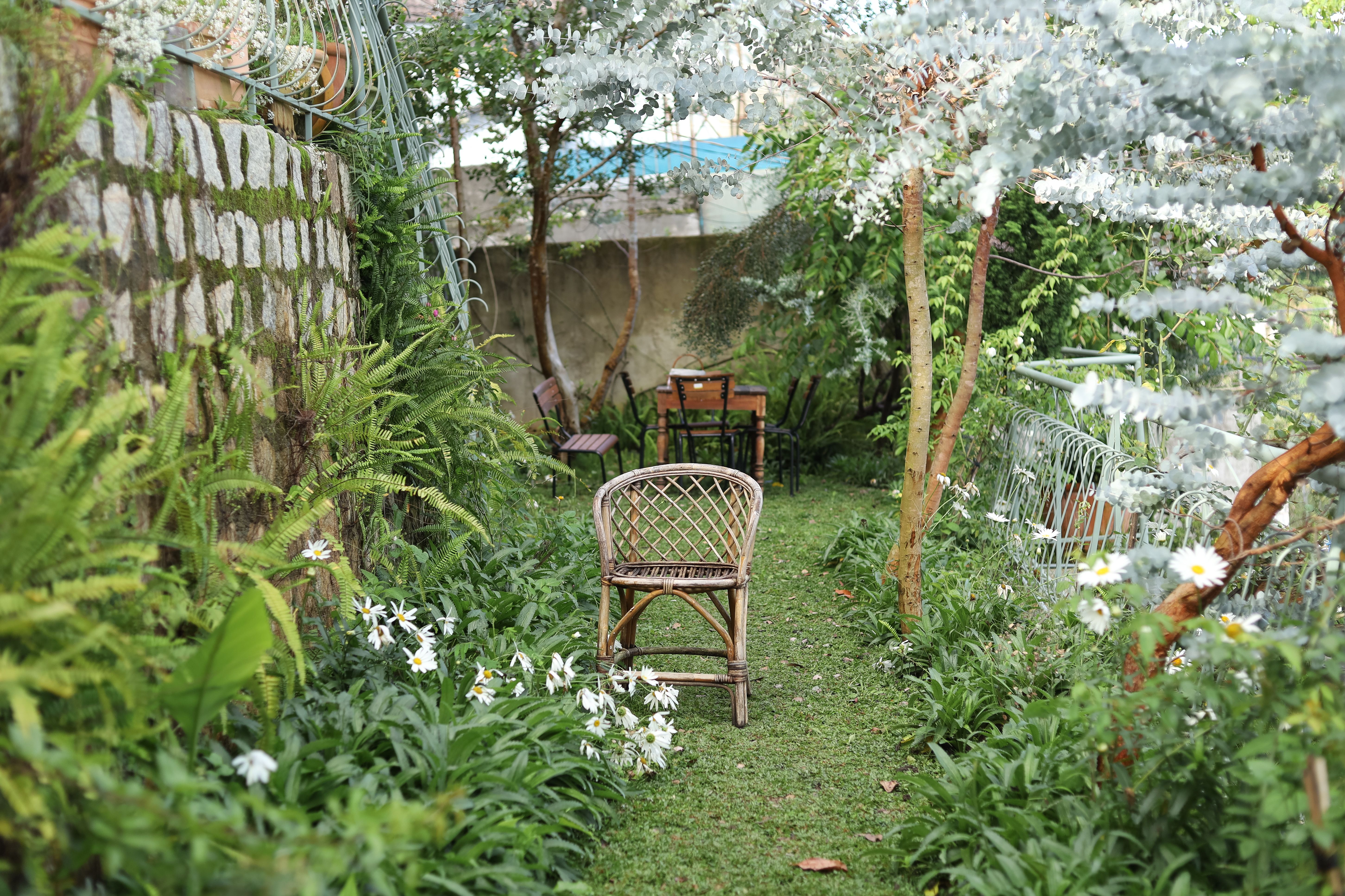 Tranquil garden path with chairs, flowers, and dense greenery for a more immersive backyard escape.